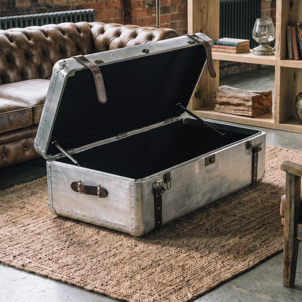 Aluminium Vintage Trunk Coffee Table with Storage – Dark Brown Leather Voyager 100cm