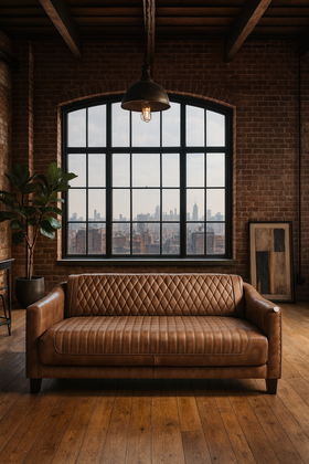 Chicago Club Genuine Leather 3 Seater Sofa in Brown with Wooden Legs 174cm