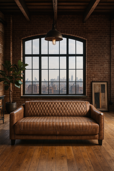 Chicago Club Genuine Leather 3 Seater Sofa in Brown with Wooden Legs 174cm