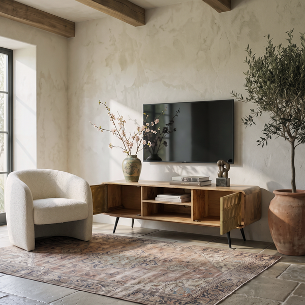 Solid Mango Wood & Gold Metal TV Unit – California 160cm