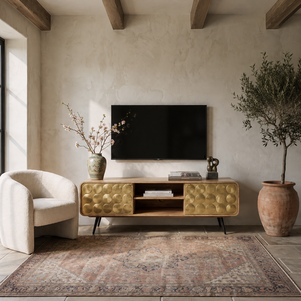 Solid Mango Wood & Gold Metal TV Unit – California 160cm