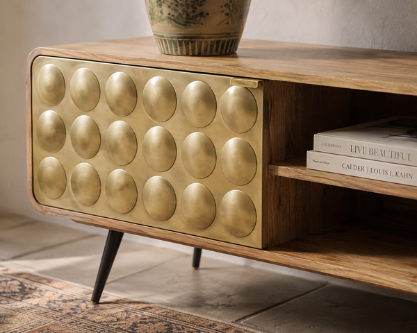 Solid Mango Wood & Gold Metal TV Unit – California 160cm