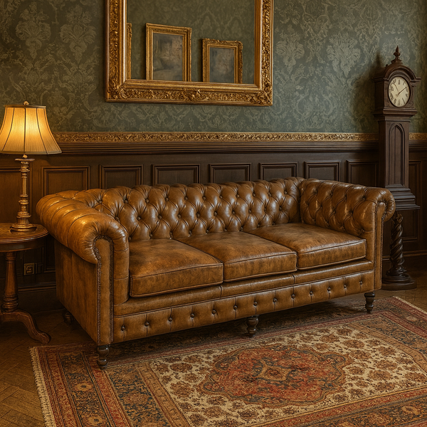 Stratford Chesterfield Genuine Leather 3 Seater Sofa in Antique Brown with Black Wooden Legs 216 cm