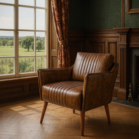 William Genuine Leather Armchair in Antique Brown with Wooden Legs