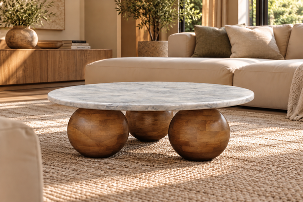 SOLID ACACIA WOOD NATURAL BANSWARA MARBLE WHITE ROUND COFFEE TABLE - LORENZO BROWN 100CM