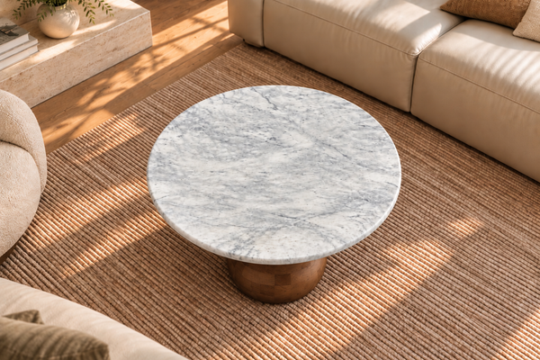 SOLID ACACIA WOOD NATURAL BANSWARA MARBLE WHITE ROUND COFFEE TABLE - LORENZO BROWN 100CM