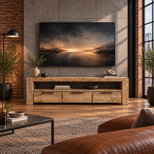 Solid Mango Wood TV Unit 170 cm – Woodland 3 Drawer Natural Brown