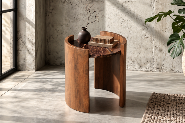 Solid Mango Wood Natural Rosso Marble Rounded Side Table - Roma Cherry Gold 45cm