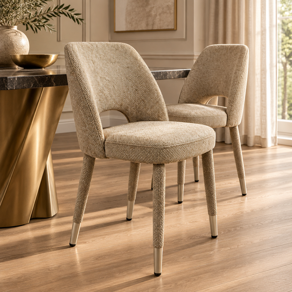 Beige Textured Fabric Dining Chair with Fully Upholstered Legs and Metal-Effect Caps - Allure