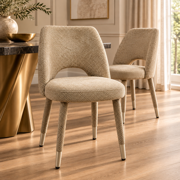 Beige Textured Fabric Dining Chair with Fully Upholstered Legs and Metal-Effect Caps - Allure
