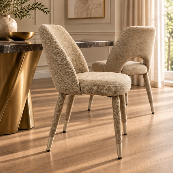 Beige Textured Fabric Dining Chair with Fully Upholstered Legs and Metal-Effect Caps - Allure