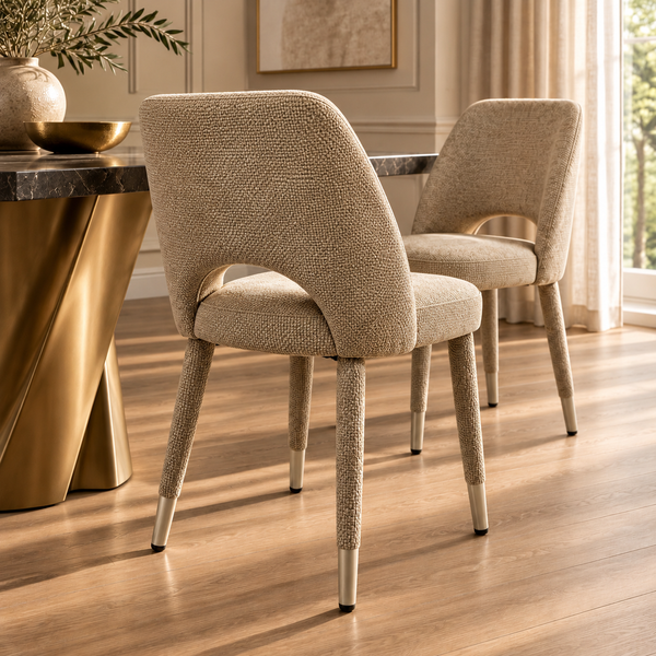 Beige Textured Fabric Dining Chair with Fully Upholstered Legs and Metal-Effect Caps - Allure
