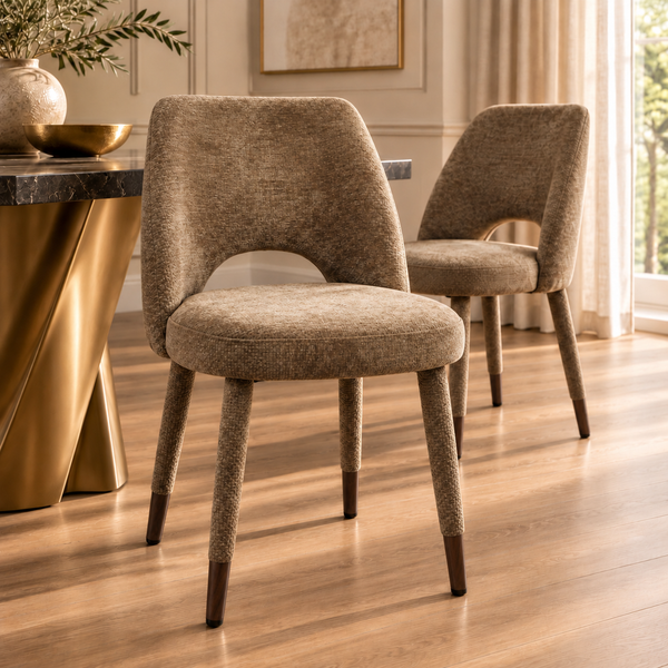 Brown Textured Fabric Dining Chair with Fully Upholstered Legs and Metal-Effect Caps - Allure