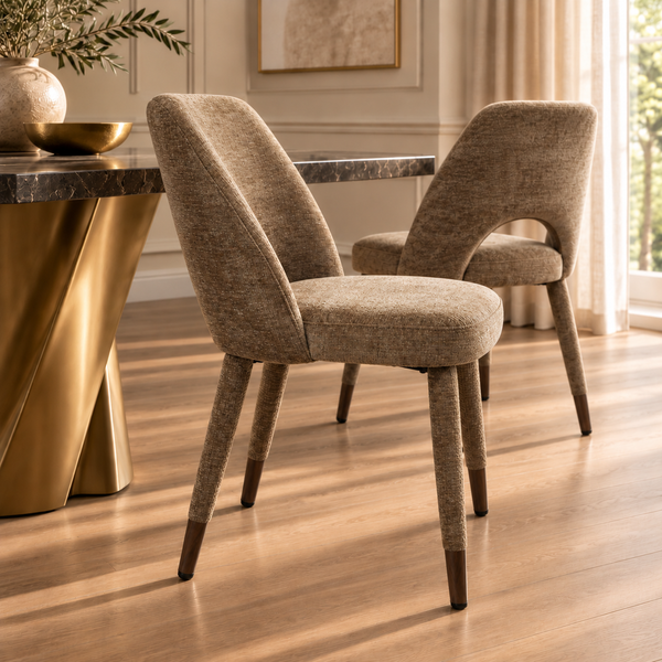 Brown Textured Fabric Dining Chair with Fully Upholstered Legs and Metal-Effect Caps - Allure
