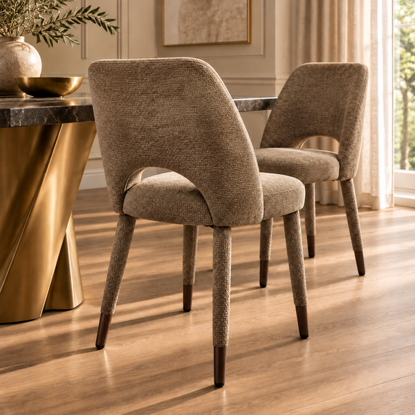 Brown Textured Fabric Dining Chair with Fully Upholstered Legs and Metal-Effect Caps - Allure