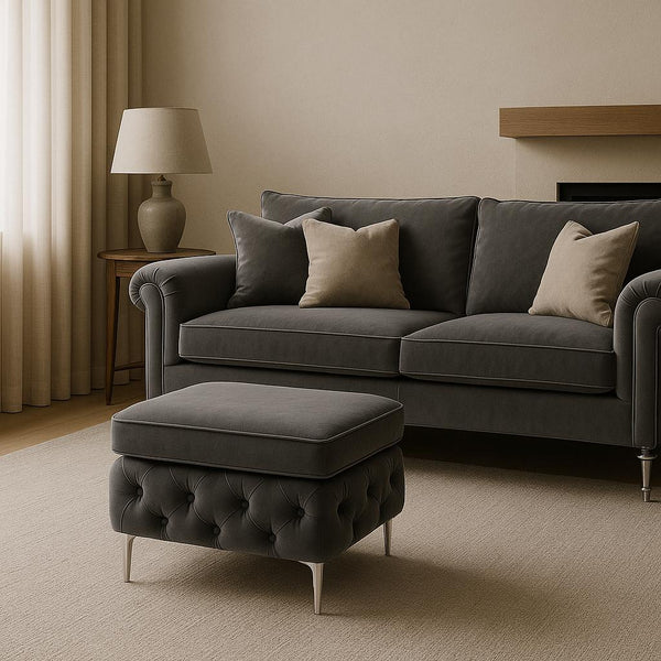 Modern Baroque Grey Velvet Ottoman Footstool