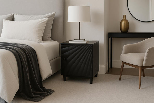 Solid bedside table SCORPION 50cm black mango wood side table with 3D carvings