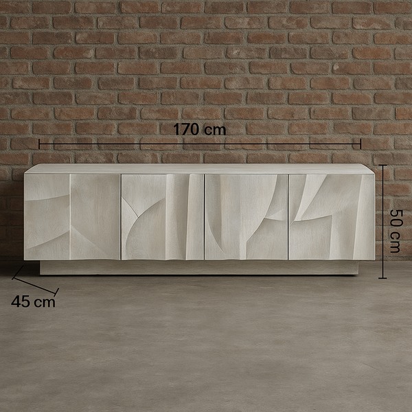 WHITE MOUNTAIN DESIGN SOLID MANGO WOOD TV UNIT WITH 3D ROCK CARVING IN WHITE 170 CM