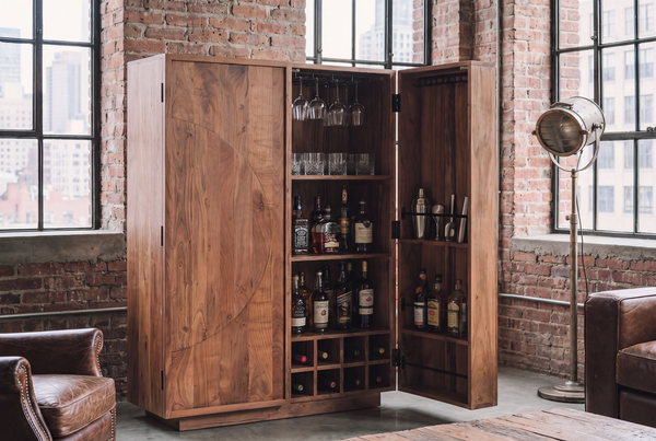 Solid Acacia Wood Bar Cabinet 140 cm with Carved Circular Front – Manhattan
