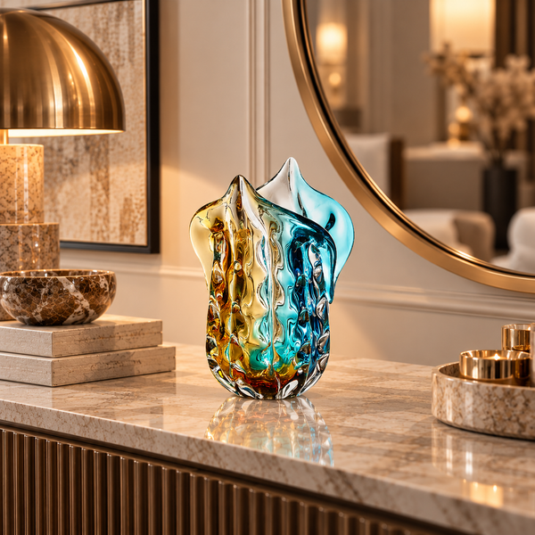 Blue & Amber Petal-Shaped Handmade Glass Vase - 32cm
