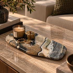 Brown, Grey & Cream Veined Marble Decorative Tray - 34cm