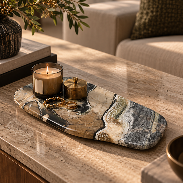 Brown, Grey & Cream Veined Marble Decorative Tray - 34cm