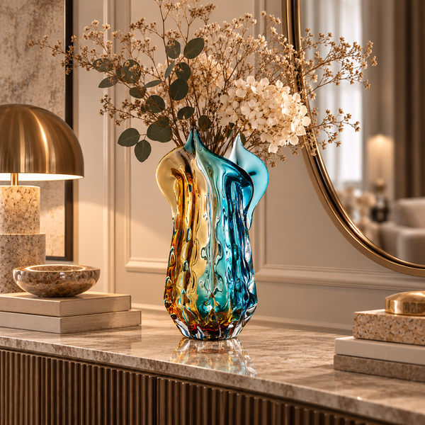 Blue & Amber Petal-Shaped Handmade Glass Vase - 46cm