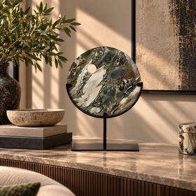 Dark Grey, Brown & Cream Veined Round Marble Ornament with Black Metal Stand – 33cm
