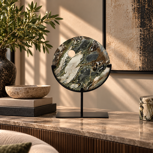 Dark Grey, Brown & Cream Veined Round Marble Ornament with Black Metal Stand – 33cm