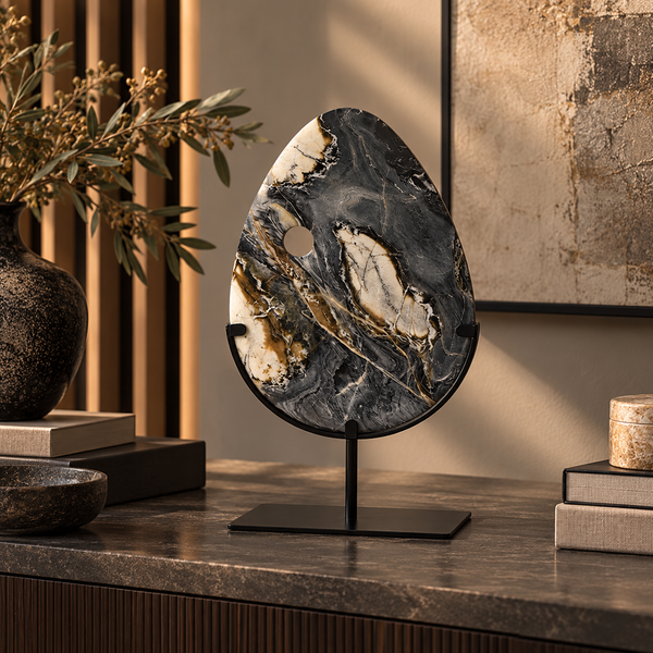 Black, Grey & Cream Veined Marble Ornament with Metal Stand - 42cm