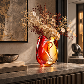 Red & Amber Water Drop Handmade Glass Vase - 27cm