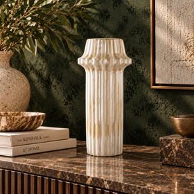 White & Gold Ribbed Ceramic Vase - 48cm