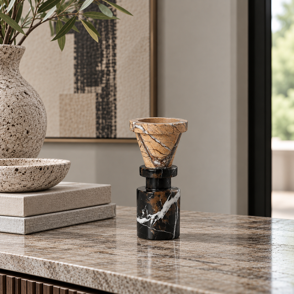 Black & Brown Marble Candlestick - 18 cm