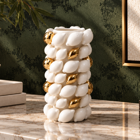 White & Gold Textured Ceramic Vase - 34cm