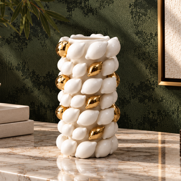 White & Gold Textured Ceramic Vase - 34cm