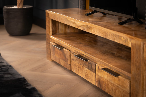 Woodland solid mango wood TV board unit with 3 drawers natural 170 cm