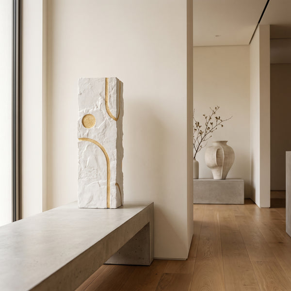Modern Decorative Large Display Plinth - White Textured Sculptural Stand with Gold Details  80cm