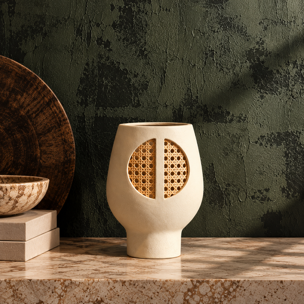 Beige Ceramic & Bamboo Vase - 26cm