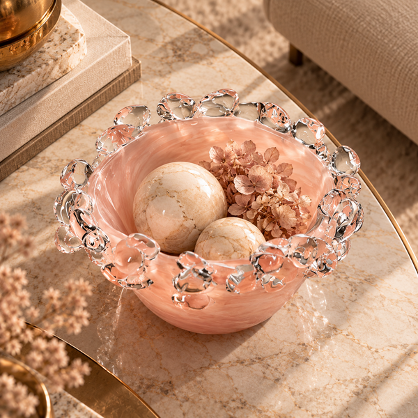 Pink Crystal-Effect Handmade Glass Bowl – 29cm