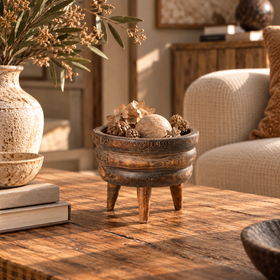 Dark Brown Layered Wooden Tripod Bowl - 22cm