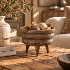 Dark Brown Layered Wooden Tripod Bowl - 29cm