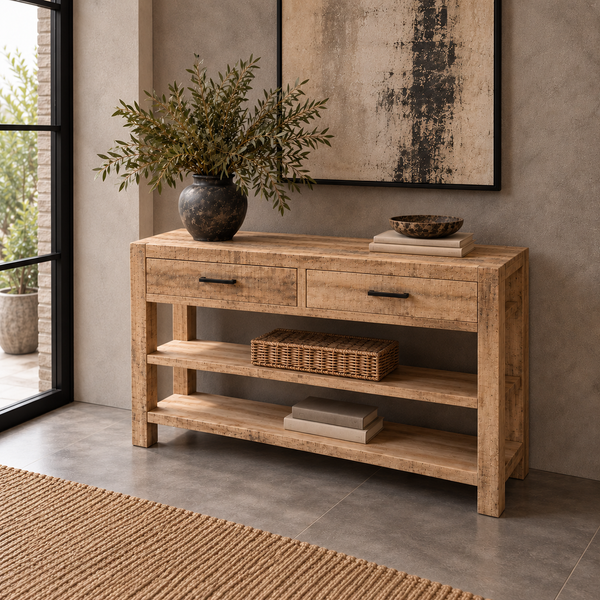 SOLID MANGO WOOD 2 DRAWER RUSTIC CONSOLE TABLE 120CM - TOSCANA