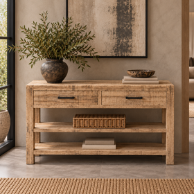 SOLID MANGO WOOD 2 DRAWER RUSTIC CONSOLE TABLE 120CM - TOSCANA