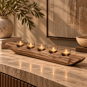 Natural Brown Wood & Glass Boat-Shaped Ornament - 71cm