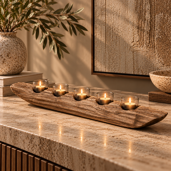 Natural Brown Wood & Glass Boat-Shaped Ornament - 71cm