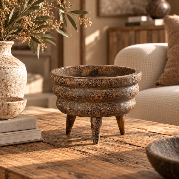 Dark Brown Layered Wooden Tripod Bowl - 29cm