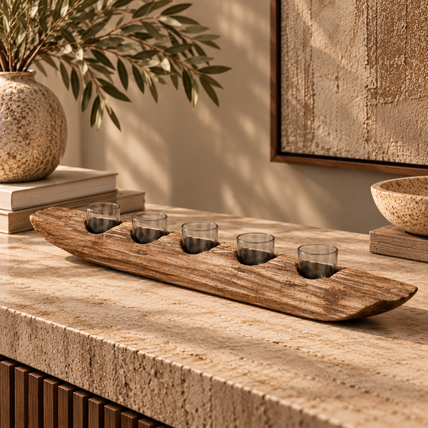 Natural Brown Wood & Glass Boat-Shaped Ornament - 71cm
