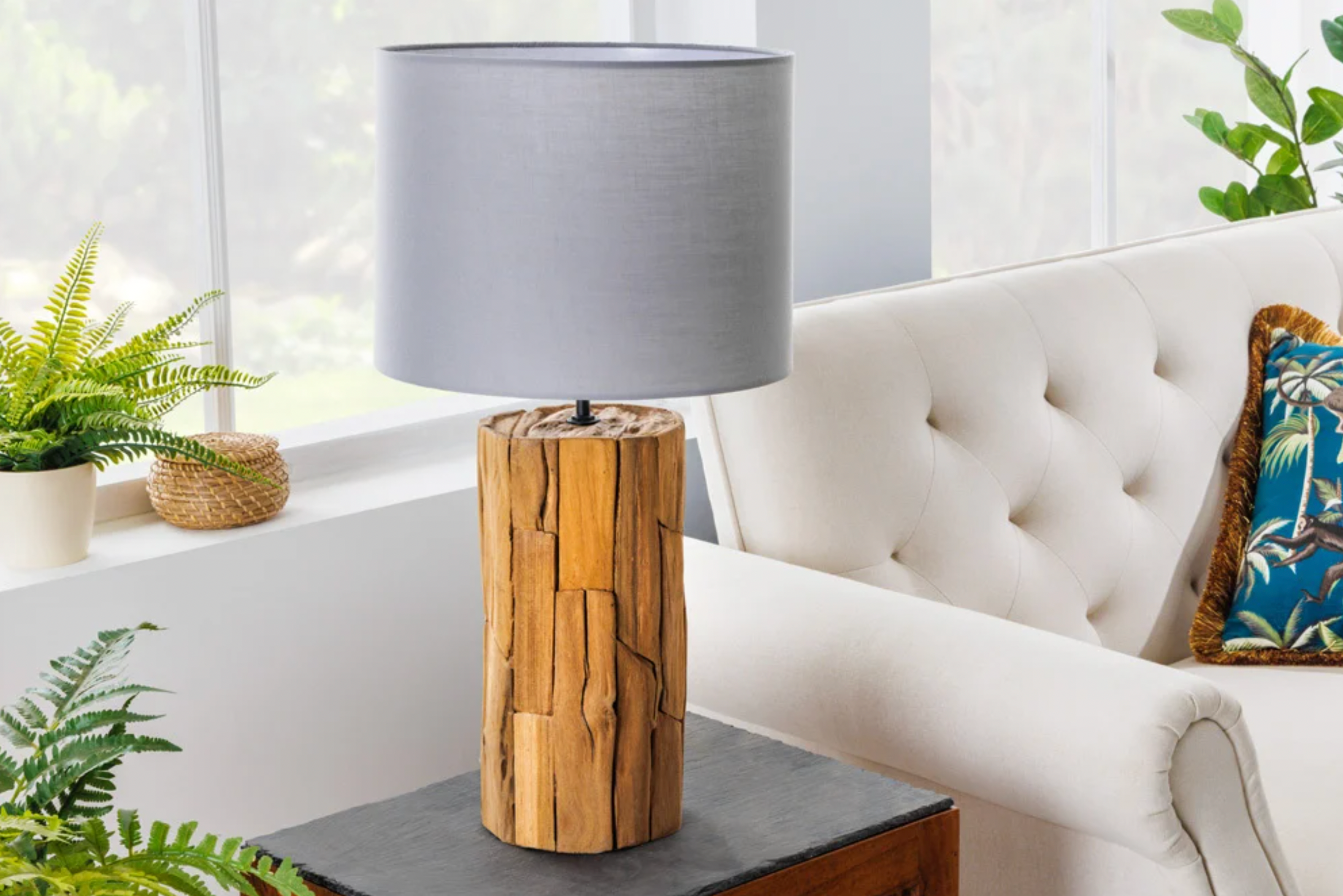 ROOTS Driftwood Height adjustable Table Lamp with linen shade grey
