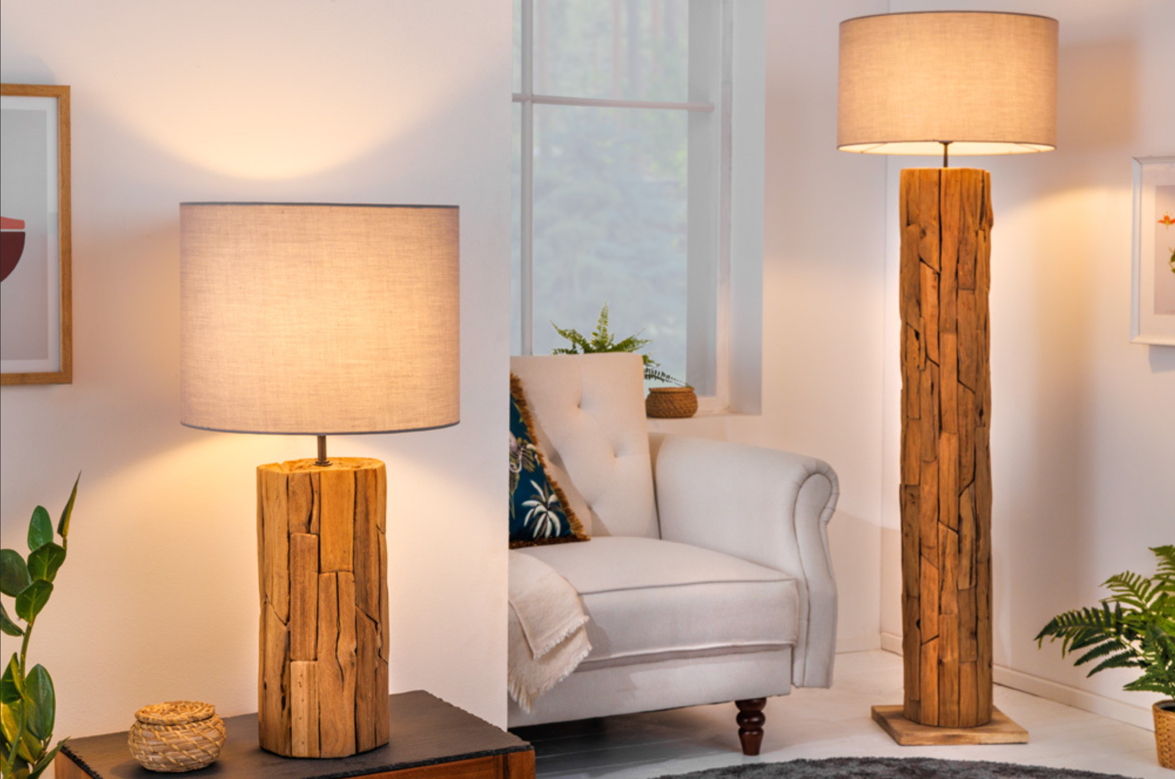 ROOTS Driftwood Height adjustable Table Lamp with linen shade grey