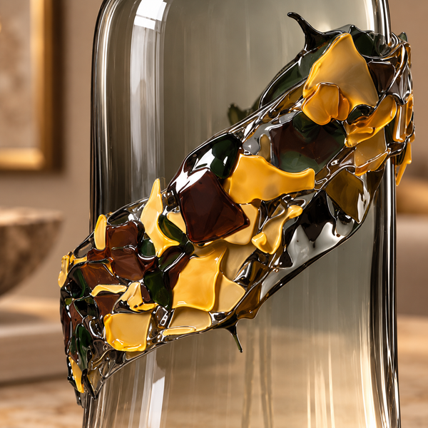 Sculptural Smoke Grey & Gold Glass Vase - 39cm